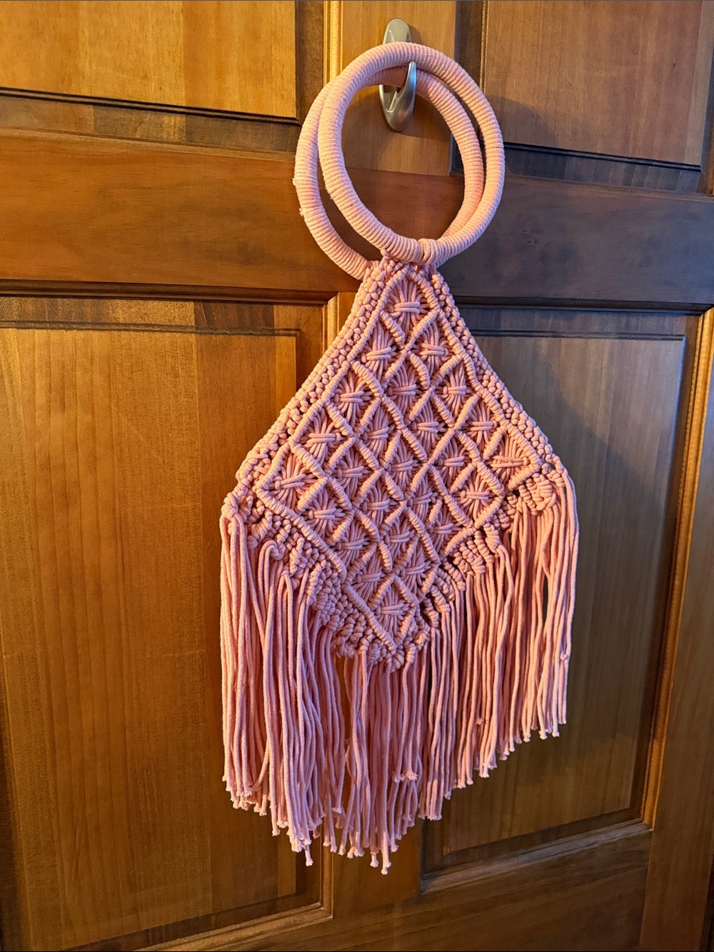 Macramé Fringe Bag in Soft Rose Pink from Francesca’s